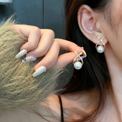 Elegant Golden Cross Pearl Zircon Earrings – Unique Stud Design | Fashion Luxury Earrings for Women
