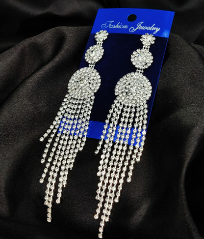 Imported Tarnish-Free Silver Long Statement Earrings – Sparkling Luxury for Glamorous Evenings | Premium Quality for Girls & Women