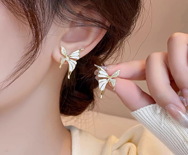 Luxury Dual-Tone Butterfly Zircon Stud Earrings for Women – Elegant Silver & Gold Fashion Jewelry