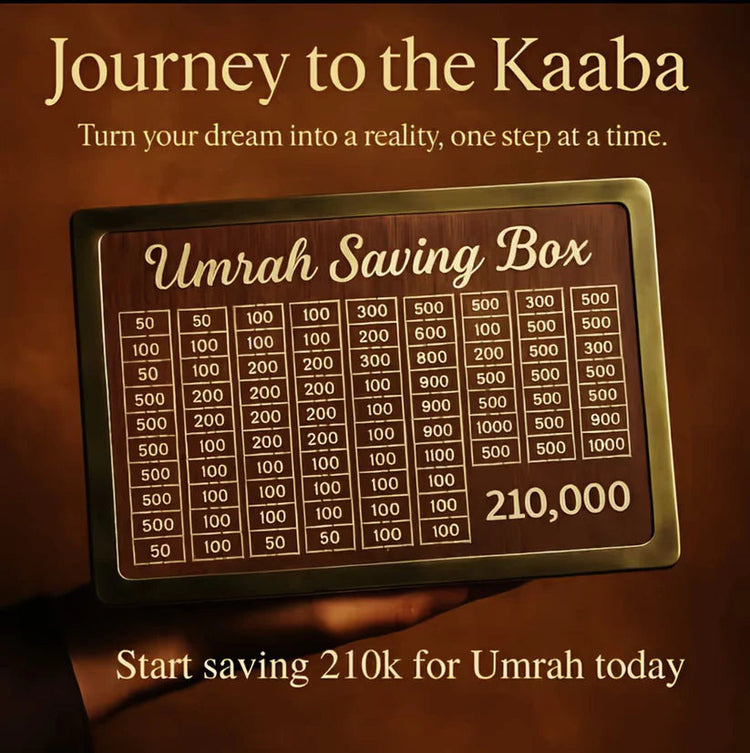Umrah Saving Box – Premium Wooden Money Box for Umrah Fund | Best Quality – Target: 210,000